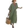 Mfhmom Abito Lungo Estivo Donna - Vestito Cotone Lino Maniche Corte Scollo a V Tasche Copricostumi Spiaggia Boho Chic Vintage Abbigliamento Curvy Taglie Forti Casual Primaverile Prendisole