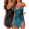 Ekouaer Camicia da Notte Due Pezzi in Raso Donna Seta Sexy Scollo a V Senza Maniche Babydoll Estiva Intimo Lingerie Spalline Regolabili, Nero + Blu Verde, L