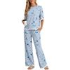 PrinStory Pigiama da donna a maniche corte, con pantaloni lunghi, 2 pezzi, Fp-blu stella luna, XL