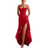 Generico Women's Ruffles Satin Prom Dress, Club Night Sexy Dress Casual Slit Cocktail, off-The-Shoulder Spaghetti Strap Long Party Evening Dresses, Solid Color Sleeveless (Red,L)