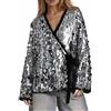 Cexiakong Giacca con brillantini, da donna, con paillettes, a maniche lunghe, stile kimono, cardigan corto, alla moda, tinta unita, per il tempo libero, oversize, scollo a V, per feste, soffici, O argento, M