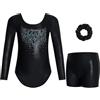 Gogokids Body da ginnastica da bambina, a maniche lunghe, con pantaloncini e fascia per capelli, body da danza scintillante, con design sfumato, per 3-12 anni