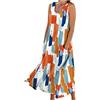 Generic Vestito estivo da donna, a girocollo, senza maniche, maxi prendisole con tasche, lungo, in cotone e lino, copricostume da spiaggia, per vacanze, Arancione, XXL