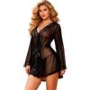 comeondear Lingerie Donna Trasparente Taglie Forti Camicia da Notte Pizzo con Perizoma Babydoll Seducente Hot Completo Intimo Sexy con Cintura Scollo a V Kimono Vestaglia Pigiama Nero,3XL-4XL