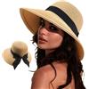 DRESHOW Cappelli da Sole per Donna Fedora da Viaggio Pieghevole da Spiaggia Cappello da Sole Sstivo a Tesa Larga in Paglia con Fiocco UPF 50+