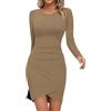 Missufe Abito da donna Bodycon per il tempo libero aderente a maniche lunghe mini abito elegante basic corto vestiti, cachi, S
