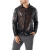 RuiChy Camicia lucida da uomo, a maniche lunghe, con paillettes, anni '70, anni '80, stile retrò, con bottoni, in rete nuda, con bottoni, sul davanti, per feste, nightclub, Natale, balli, Nero , L