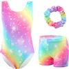 XiaoMoSha Set di body da ginnastica da bambina, 3 pezzi, senza maniche, con pantaloncini e fascia per capelli, colore sfumato scintillante, per danza classica, ginnastica, per bambini dai 3 ai 12