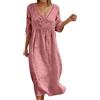 Generico Abito Lino Donna Abito Estivo a Maniche a 3/4 Boho Chic Abiti Vacanza Comodo Taglie Forti Vestito Lungo in Cotone Scollo a V Largo Vestiti da Spiaggia Tinta Unita Morbido e Traspiranti S-3XL