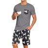 PrinStory Pigiama corto da uomo con scollo rotondo, maglietta e pantaloncini a contrasto, Blu Navy Cane Grigio, M