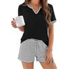 Demegimi Pigiama Donna Corto Estivo in Cotone, Completo Notte Due Pezzi con Maglia Scollo a V e Pantaloncini a Righe, Set Loungewear Comodo e Morbido