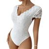 Haibang Body in Pizzo da Donna Sexy Scollo a V Bodysuit Top Floreale Aderente Camicetta a Maniche Corte Body Sottogiacca Elegante Cami Camicie Maglietta Blusa Clubwear