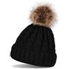 styleBREAKER cuffia a pon pon con motivo intrecciato, cuffia in maglia con pon pon in pelliccia, cuffia beanie invernale, unisex 04024064, colore:Nero