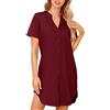 Lovasy Camicia da Notte Donna in Cotone Manica Corta Scollo a V Sexy Sottoveste Curvy con Bottoni Davanti Abito da Notte Estiva con Tasche B Rosso M