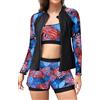 SHEKINI Costume da bagno da donna con cerniera a 3 pezzi Rash Guard con canotta bikini top per vita alta, Foglie blu/rosse su nero, M