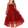 Arshiner Abito per Bambine Rosso A Maniche Lunghe Abito Natalizio Invernale Vestito per Ragazze in Tulle A Scollo Rotondo Vestito da Festa 6-7 Anni