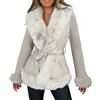 Generisch Giacca da donna in similpelle cappotto corto invernale parka cappotto a maniche lunghe con colletto in pelliccia, soffice sul davanti aperto, caldo trench lungo con cintura outwear, beige