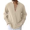 JESDM Camicia medievale da uomo con lacci, colletto alto, in lino, cachi, XL