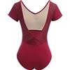 AFAVOM Body da danza da donna, a maniche corte, in pizzo, con scollo a V, schiena scoperta, body da ginnastica, Rosso scuro, Large