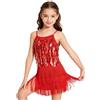 LOLANTA Paillette Frange Danza Costume Bambina, Abiti Ballo Latino Salsa Rumba Bambini, Mini Abito Completo Ballo Senza Maniche con Nappe e Pantaloncini, Rosso, 4-5 Anni, 110