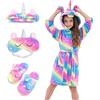 Piefry Bambina Accappatoio Morbido Unicorno Vestaglie con Cappuccio per Bambine con Unicorno Pantofole, Benda e Fascia - Regali per Ragazze (Arcobaleno, 8-9 anni)