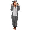 Duohropke Tuta da donna morbida e calda con animali per adulti, in pile, tuta intera e calda, con chiusura lampo, per dormire, soffice, con cappuccio, Grigio A., XXXXXL