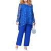 Yancremio Set di Pantaloni da Donna Elegante Set di Pantaloni Dritti e Top in Pizzo Madre della Sposa Tuta Casual Allentata per Gli Ospiti del Matrimonio (Blu,3XL)