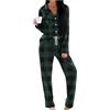 Generic Pigiama da donna in tartan a maniche lunghe, camicia con bottoni, gamba dritta, pigiama natalizio a quadri, set casual da notte a quadri, Verde, L