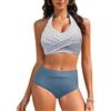 Nadeer Costumi da Bagno Donna Due Pezzi Vita Alta Bikini Mare Halter Costume Mare Sexy Scollo a V Push Up Controllo della Pancia Beachwear Swimwear(Blu-Bianco,S)