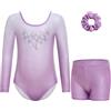 Gogokids Body da ginnastica da bambina, a maniche lunghe, con pantaloncini e fascia per capelli, body da danza scintillante, con design sfumato, per 3-12 anni