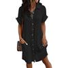 Yutdeng Abito Estivo Donna Scollo a V Abiti Lunghi Elegante Abito da Camicia a Maniche Corte con Bottoni e Tasche Vestito in Lino Copricostume Mare Casual Abito Mare Spiaggia,Nero,S