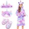 Piefry Bambina Accappatoio Morbido Unicorno Vestaglie con Cappuccio per Bambine con Unicorno Pantofole, Benda e Fascia - Regali per Ragazze (Stelle Viola, 10-11 anni)