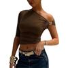 Generisch Maglietta da donna a maniche corte, con nodo in metallo, a maniche corte, estiva, slim fit, cropped top, a doppio filo, Y2K, marrone, M