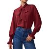Neweek Camicette in chiffon per le donne con fiocco collo a maniche lunghe eleganti casual camicie con risvolto camicie da lavoro ufficio camicetta elegante top, Vino rosso, XL