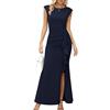 Missufe Abito da sera da donna Maxi, a maniche a ala, con ruches, scollatura, sirena, bodycon, da matrimonio, festivo, blu navy, XXL