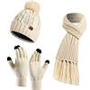 Visioelo Set da donna con cappello, sciarpa e guanti, foderati in pile, guanti touch-screen, sciarpa con nappa, set di tre, Beige, Etichettalia unica