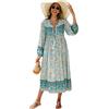 R.Vivimos Donne Eleganti Casual Bohemian Print Neck Tie Maniche Lunghe Abito da Spiaggia Lungo Midi Vestito Vacanze(M,Blu Turchese)