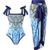 Cerdexon Costume da Bagno Intero da Donna Double Face con Copricostume da Spiaggia con Gonna da Spiaggia Sarong Due Pezzi Bikini Set Beachwear, Bianco, XL
