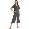 WiWi Pigiama da donna in viscosa di bambù, a maniche corte, 2 pezzi, top e pantaloni capri, taglie S-XXL, D-iron Grigio, XL