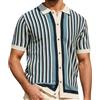 Eauptffy Camicia da uomo polo retrò a righe con bottoni, a maniche corte, da spiaggia, hawaiani, per il tempo libero, vintage, a maniche corte, anni '70, a contrasto, O blu., XL