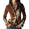 Generic Blazer da donna in finta pelle scamosciata con stampa mucca vintage colletto con risvolto Western Casual Slim Fit leggero autunno elegante business, Marrone scuro, L