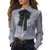 Duohropke Camicetta da Donna Elegante in Satin con Bottoni e Fiocco con Nastri da Legare Camicia da Donna a Maniche Lunghe da Business Camicetta a Maniche Lunghe Casuale e Sciolta in Seta con Volant