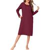 Wikoan Camicie da Notte da Donna, Maniche Lunghe Cotone Camicia da Notte Elegante a Pizzo Camicie da Notte Donna con Bottoni Tasche Borgogna,S