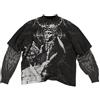 Juankrynord Maglietta da uomo con motivo rapper Y2K Fake Two Emo Grunge 2000 Vintage T-shirt a maniche lunghe Harajuku Street Motivo oversize Vintage Top (Nero Grigio,S)