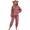 Duohropke Pigiama lungo da donna in pile invernale caldo peluche con orecchie d'orso, set di pantaloni da pigiama, morbido e morbido, pigiama termico in flanella, biancheria da notte in due pezzi
