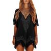 acsewater Mini Abito da Spiaggia Ampio a Maniche Corte da Donna Copricostume da Bagno Boho Etnico Scollo a V Profondo con Frange Nero