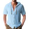 PRIVIMIX Camicia da Uomo Manica Corta con Cappuccio Collo Spiaggia Bottoni Lino Cotone Regolare Shirt Camicie Estive Blu Chiaro 3XL
