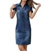 Generisch Abito da donna in jeans, stile coreano, scollo a V, a maniche corte, attillato, linea ad A, per il tempo libero, casual, alla moda, lunghezza media, estivo, Blu, XL