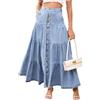Lazutom Gonna maxi da donna in denim a vita alta, gonna lunga in jeans a linea A a strati con bottoni e tasche, stile vintage Y2K con volant boho, gonna estiva casual per outfit da festival
