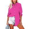 Homlan Camicia da Donna in Cotone, a Maniche Lunghe, Arrotolabile, Elegante, Casual, con Bottoni, Tinta Unita, a Maniche Lunghe, con Tasche sul Petto, Rosa, M